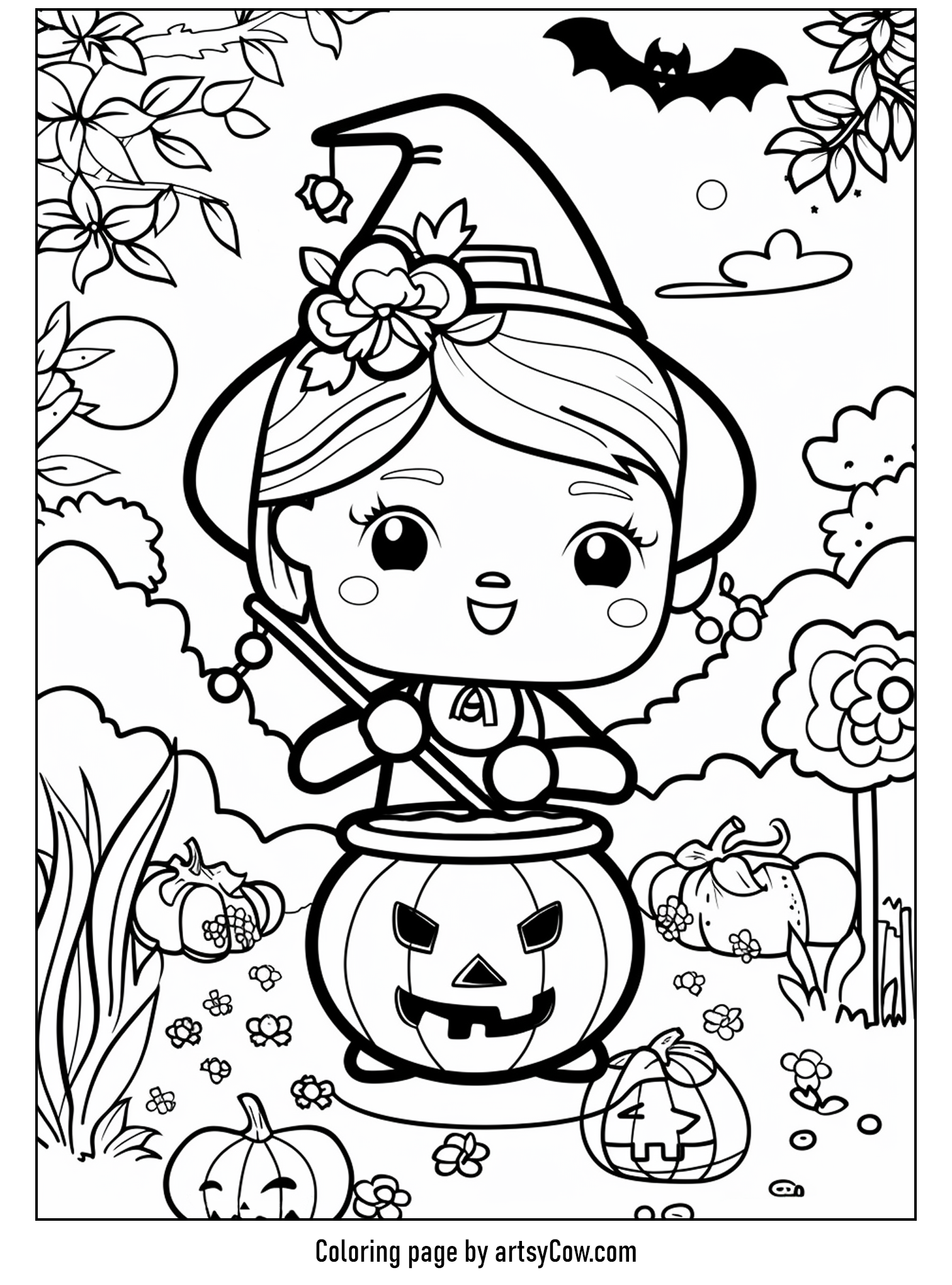 a cheerful witch standing with a big pumpkin cauldron